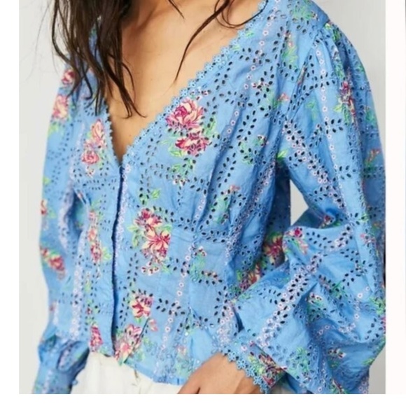 Free People Blossom Blue Eyelet Top Powder Blue Cottagecore Floral XL - Picture 2 of 16